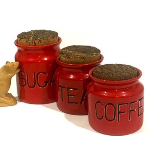 FLORENZ Studio(Aust) Pottery 3pc Red CANISTER SET - Coffee Tea Sugar - Cork Tops - Picture 1 of 9