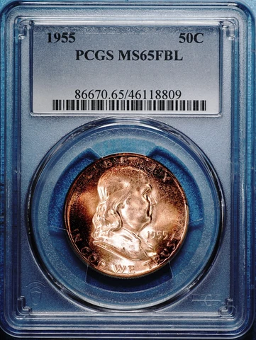 1955 Franklin Half Dollar Silver Uncirculated Nice Toning PCGS MS65 FBL, 809 Cover