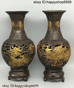 Sammeln Chinesische Dynastie Bronze vergoldet Drache Phönix Flasche Vase Glas Statue Paar - Bild 1 von 9
