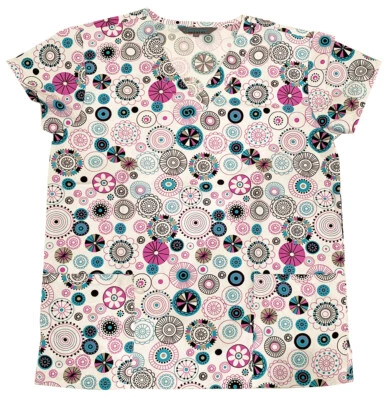 Womens Microfiber Medical Scrub Printed Tops Blue Pink Black Loop Flowers 1X - Image 1 of 2