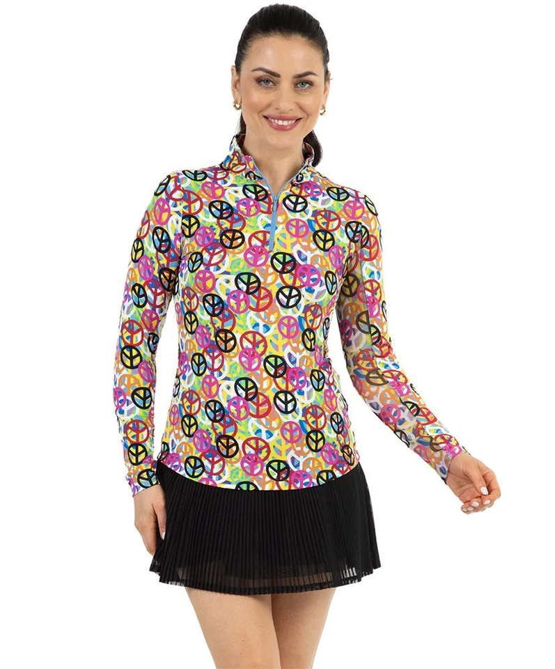 NWT IBKUL Lennox Peri Peace Sign Long Sleeve Mock Golf Shirt XS & XL - Image 1 of 1