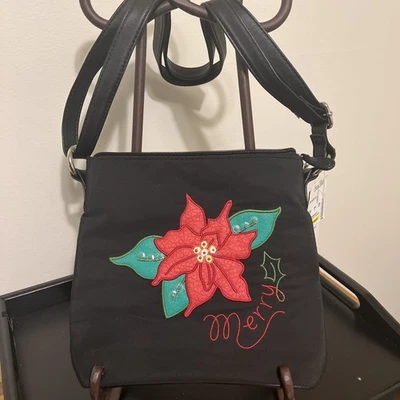 "Cartera Rosetti Pequeña Tela Negra Navidad Bandolera/Bordada Poinsettia 9""" Foto 1 de 4