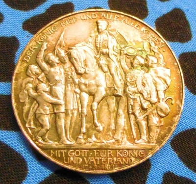 1913 年德国普鲁士 3 马克,90% 银币,彩色,拿破仑战败 — 第 1/4 张图片