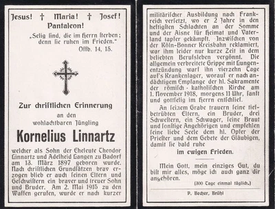 Totenzettel - Soldat im 1.WK gestorben an der Grippe / Lungenentzündung - Bild 1 von 2