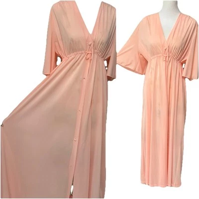 Vtg Long Nightgown Robe Long Empire Bell Slv Button Lorraine Bright Peach M L XL - Image 1 of 4