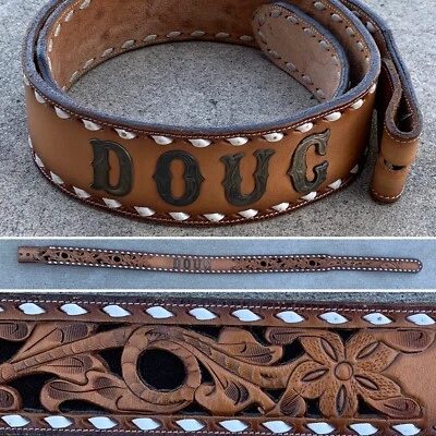 复古 Tony Lama 美国制造手工工具皮带 DOUG 银色刻字 34 — 第 1/4 张图片