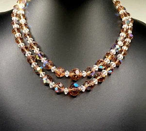 Vintage 2 Strand Aurora Borealis Sparkly Faceted Brown & Clear Bead Necklace - Picture 1 of 13