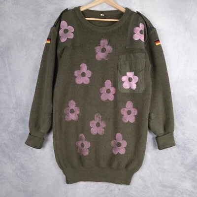 German Military Army Sweater Mens 56 Green Wool Pink Floral Commando Jumper - Image 1 of 4