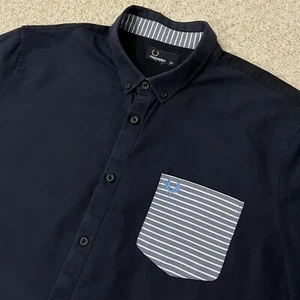 Fred Perry Shirt Short Sleeve Oxford Stripe Navy Blue Terrace Mod Mens 2XL (XXL) - Picture 1 of 12