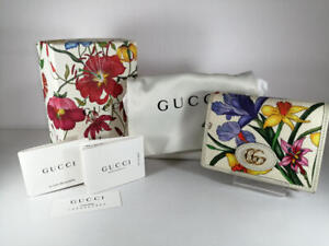 Gucci Beige Floral Pattern Corner Thread Flora Bi-Fold Mini Wallet