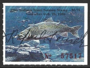 USA 1988 INDIANA Trout & Salmon Fishing Revenue Stamp #39 Signed - Picture 1 of 2