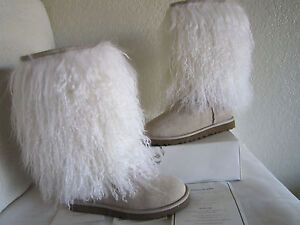 Ugg Australia Sheepskin Mongolian Tall  Cuff Boots Sz 6 Sand /Tan #3166