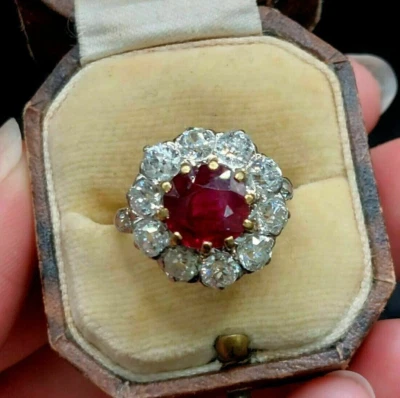 Art Deco Style 2.80Ct Round Cut Created Ruby Diamond Ring 14K Yellow Gold Finish - Image 1 of 4