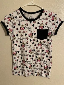 Disney Kids Size L 14 Minnie Mouse Pink White And Black T-shirt With Pocket - Picture 1 of 3
