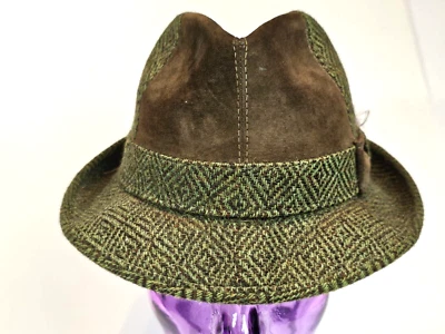 Vintage Wolverine Hats Green Tweed  Houndstooth & Suede Fedora Size 7 1/8 - Image 1 of 4