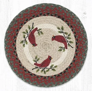 2 Braided Jute Round Stenciled Placemat/Trivet/Swatch.Earth Rugs. HOLLY CARDINAL - Picture 1 of 1