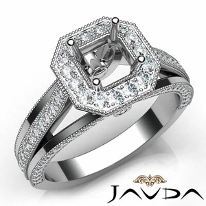 Asscher Semi Mount Affordable Halo Pave Diamond Engagement Millgrain Ring 0.90Ct - Picture 1 of 29