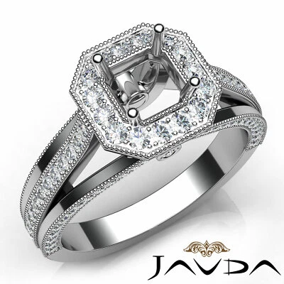 Asscher Semi Mount Affordable Halo Pave Diamond Engagement Millgrain Ring 0.90Ct - Image 1 of 4