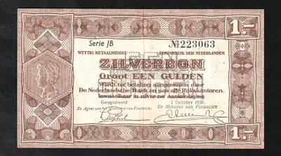 Netherlands, 1 Gulden,Zilverbon * Silver Notes, 1938 Issue, P 61 EXTREMELY FINE - Image 1 of 2