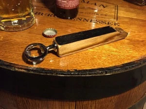 REAL Bourbon Whiskey Barrel Wood Bottle Opener Black Chrome Blanton’s Woodford - Picture 1 of 5