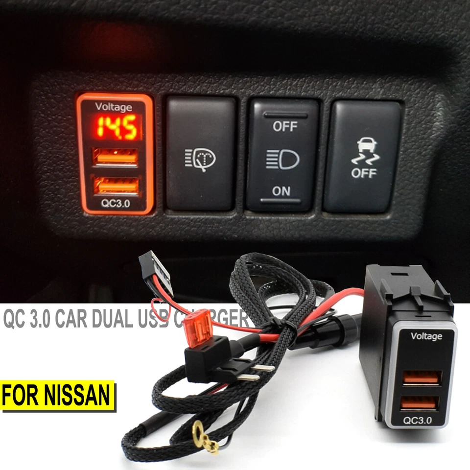 QC 3.0 QuickCharger Dual USB Phone Adapter Port LED Digital Voltmeter For Nissan - Image 1 of 4