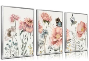 3pcs Pink Peony Floral Canvas Wall Art Butterfly Blossom Posters Prints Water... - Picture 1 of 7