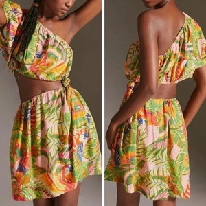Farm Rio Größe S Ara Blätter Cutout Taille eine Schulter Leinenmischung Kleid $ 165 - Bild 1 von 11