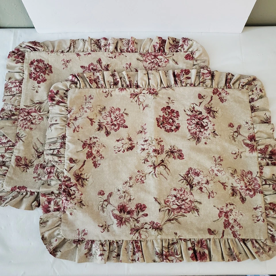 EDDIE BAUER Home STANDARD Shams Floral Ruffled Beige/Red Cottage Set of 2 USA - Image 1 of 4