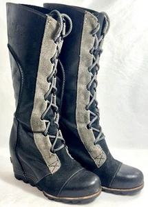 Sorel Cate The Great Zeppa Stivali Alti Lacci Nero Grigio 6,5 Impermeabili NL2175 - Foto 1 di 7