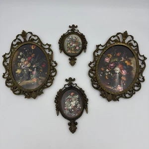4 Vintage Messing Oval Verziert Jugendstil Konvex Blase Glas Blume Bilderrahmen Italien - Bild 1 von 21