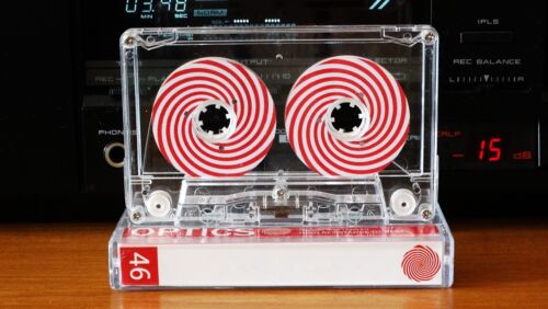Cassette Red with optical illusion. Reel to Reel Cassette Tape