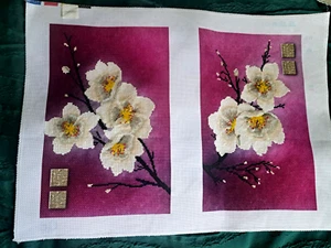 Set of 2 Finished Unframed Cross Stitch Pictures Spring Blossom Cherry Gift - Picture 1 of 7