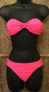 Victoria's Secret Womens Bandeau Bikini Swimsuit Sz S/M Fluorescent Pink Ruched - Picture 1 of 12