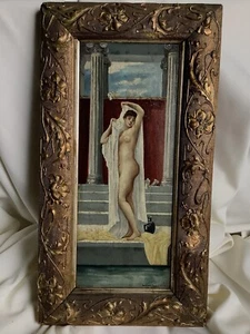 1920 Lady Nude Girl Bath Antique Art Nouveau Impression Oil Painting Gold Flower - Picture 1 of 12