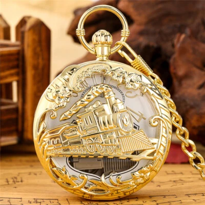 Antique Steam Train Design Unisex Handwind Musical Quartz Pocket Watch City Sky - Image 1 of 4