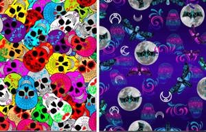 Sugar Skulls Rose Fledermäuse Totenkopf Schmetterling Druck 4 Wege Spandex Stoff Halloween - Bild 1 von 3