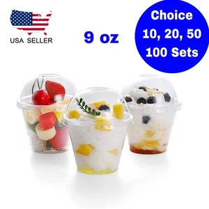 9 oz Clear Plastic Cups with Dome Lids With Hole Dessert Cold Drink Disposable - Picture 1 of 9