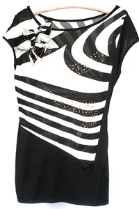 Yi Ze Fu Shi Black and White Flower Jewel Striped Top Short Slv Shirt Junior S - Picture 1 of 10