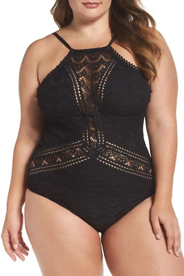  NEW BECCA Ets Color Play Crochet Black High Neck one-piece Swimsuit Plus 3X$168 - Image 1 of 2