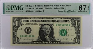 2021 $1 Federal Reserve Note PMG 67EPQ - Fancy Radar Serial Number 03911930 - Picture 1 of 2