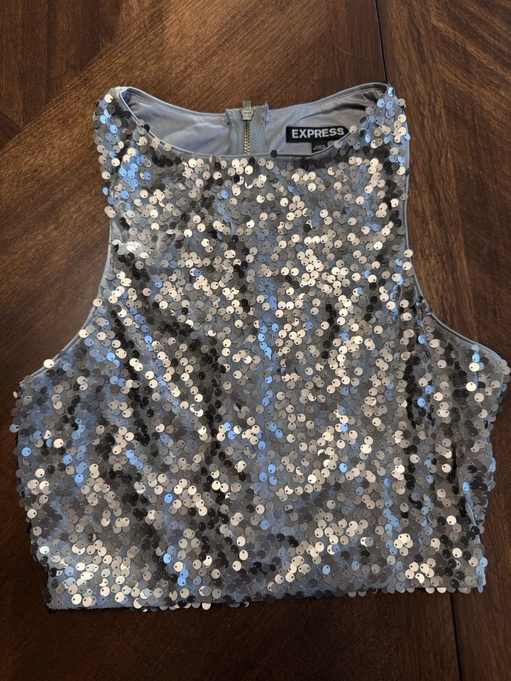 Camiseta sin mangas Express con lentejuelas brillantes gris y plateada lentejuelas Y2K talla XS Foto 1 de 4