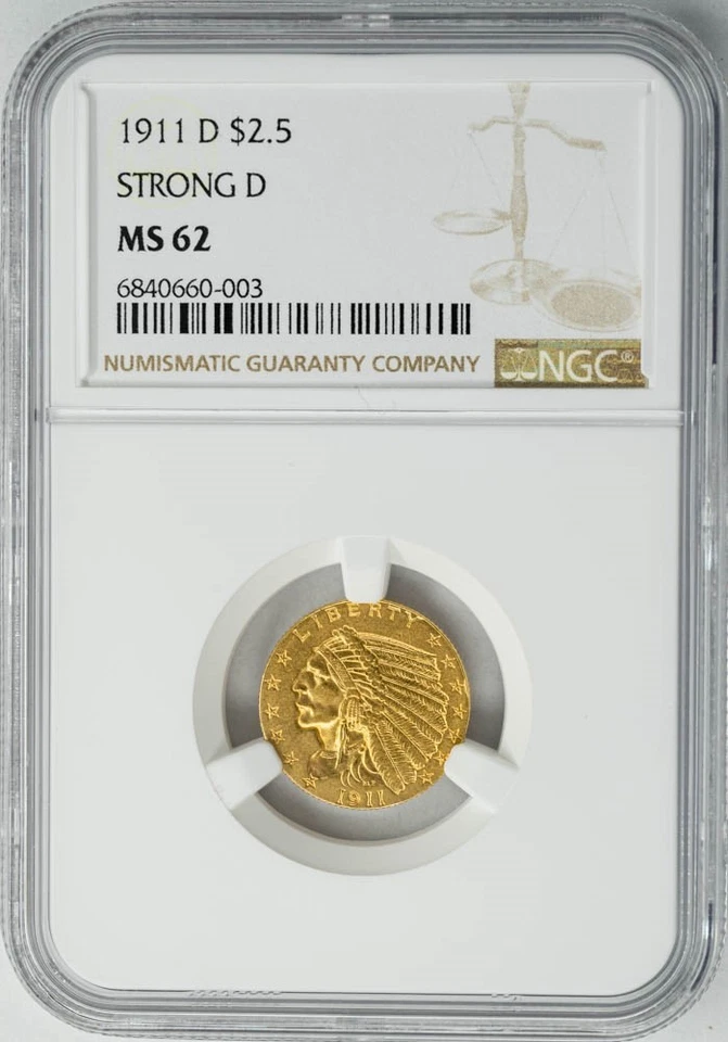 1911-D $2 1/2 Gold Indian $2.5 Strong D MS62 NGC 950137-2 - Image 1 of 4