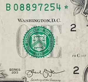 B08897254* 2013 B Star Note Duplicate Error $1 One Dollar READ FULL DESCRIPTION - Picture 1 of 3