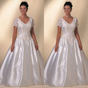Lace Appliques Wedding Dress Elegant Dress Short Sleeve A Line Satin Bridal Gown - Picture 1 of 9