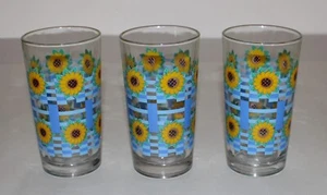 3 Glas Becher FIRNA Indonesien gelbe Blumen auf blauem Gitter 5-5/8" TOP - Bild 1 von 10