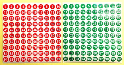 Zahlen. 4x Bögen. 400 Klebezahlen Ziffern Aufkleber Sticker. Rot oder Grün 0-100 - Bild 1 von 4