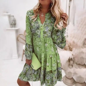 Womens Floral Boho V Neck Loose Dress Ladies Long Sleeve Summer Holiday Sundress - Picture 1 of 10