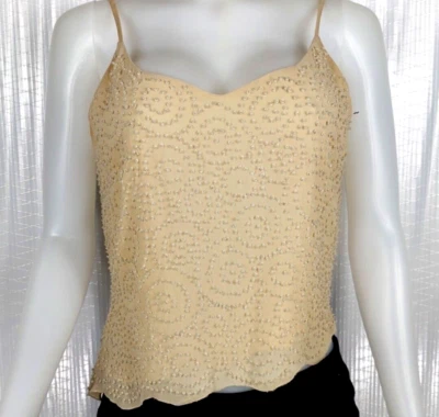 Camiseta sin mangas Tahari con cuentas talla 8 100 % seda crema marfil dobladillo asimétrico Foto 1 de 4