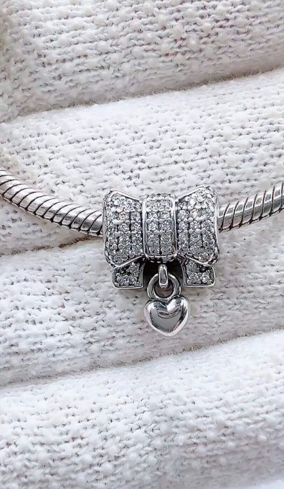 Auténtico corazón y lazo cinta colgante encanto S925 ALE plata dije para pulsera Foto 1 de 1