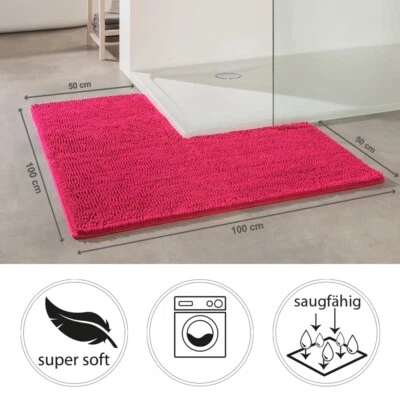 Rutschfeste Eck Badematte (Mikrofaser) 50x100x100cm - Waschbar, Chenille - Pink - Bild 1 von 4